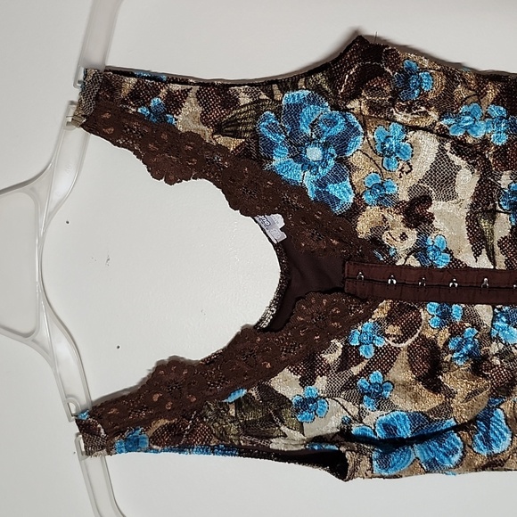 Outlooks Y2K Lace Corset Tank Top Deep V Brown Teal Hook Eye Closures - Picture 2 of 5